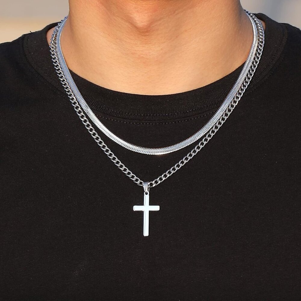 Cross Necklace for Men Boys, Stainless Steel Layered Cuban Link Herringbone Chai - Picture 2 of 6